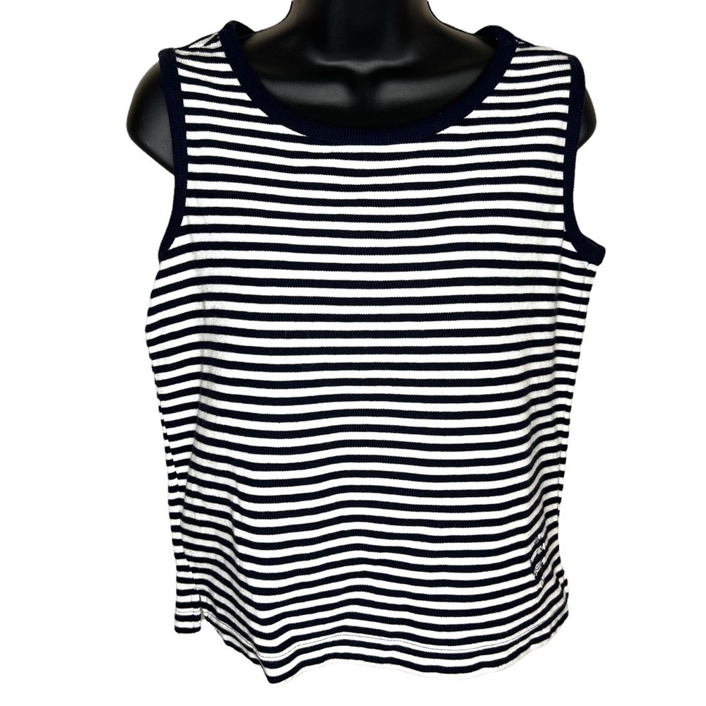 S Cherokee Blue & White Striped Sleeveless Knit Top Small Monogram Embroidered